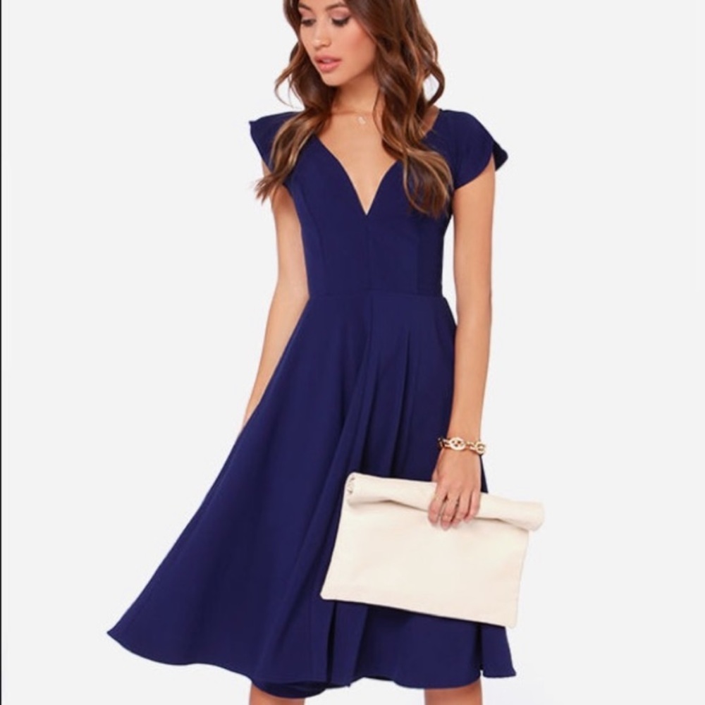 Lulu's Blue Dress with Deep V and Flutter Sleeve